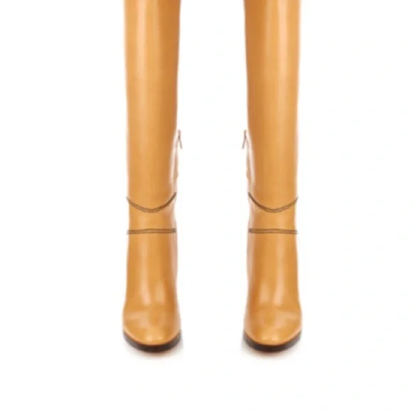 CHLOE new Riding Heeled Boot Tan Brown Knee-High Calf Stitched Leather Boots - Picture 6 of 17